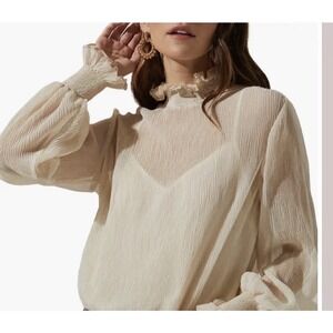 ASTR The Label Sheer Blouse Ivory Sz  Large Coquette Victorian Mock Neck